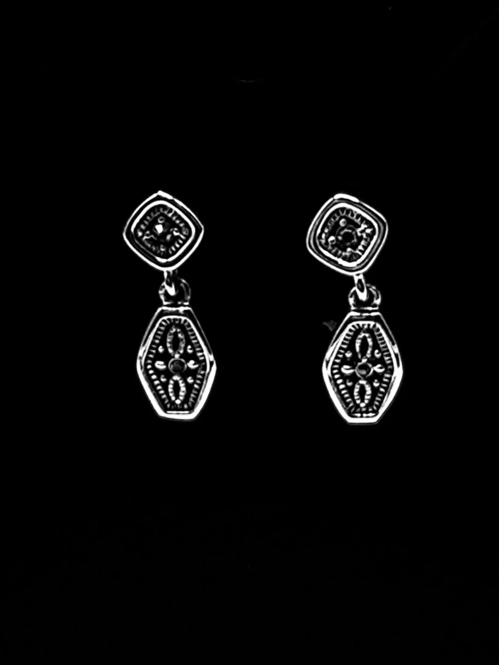 Silver Tone Art Deco Dangle Earrings Geometric Hexagon Vintage Drop Earrings